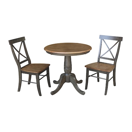 International Concepts Round 30 in Rd Top Pedestal Table, 2 X-Back Chairs, Hickory/Washed Coal, 30 in W, 30 in L, 29.1 in H K45-30RT-C613-2
